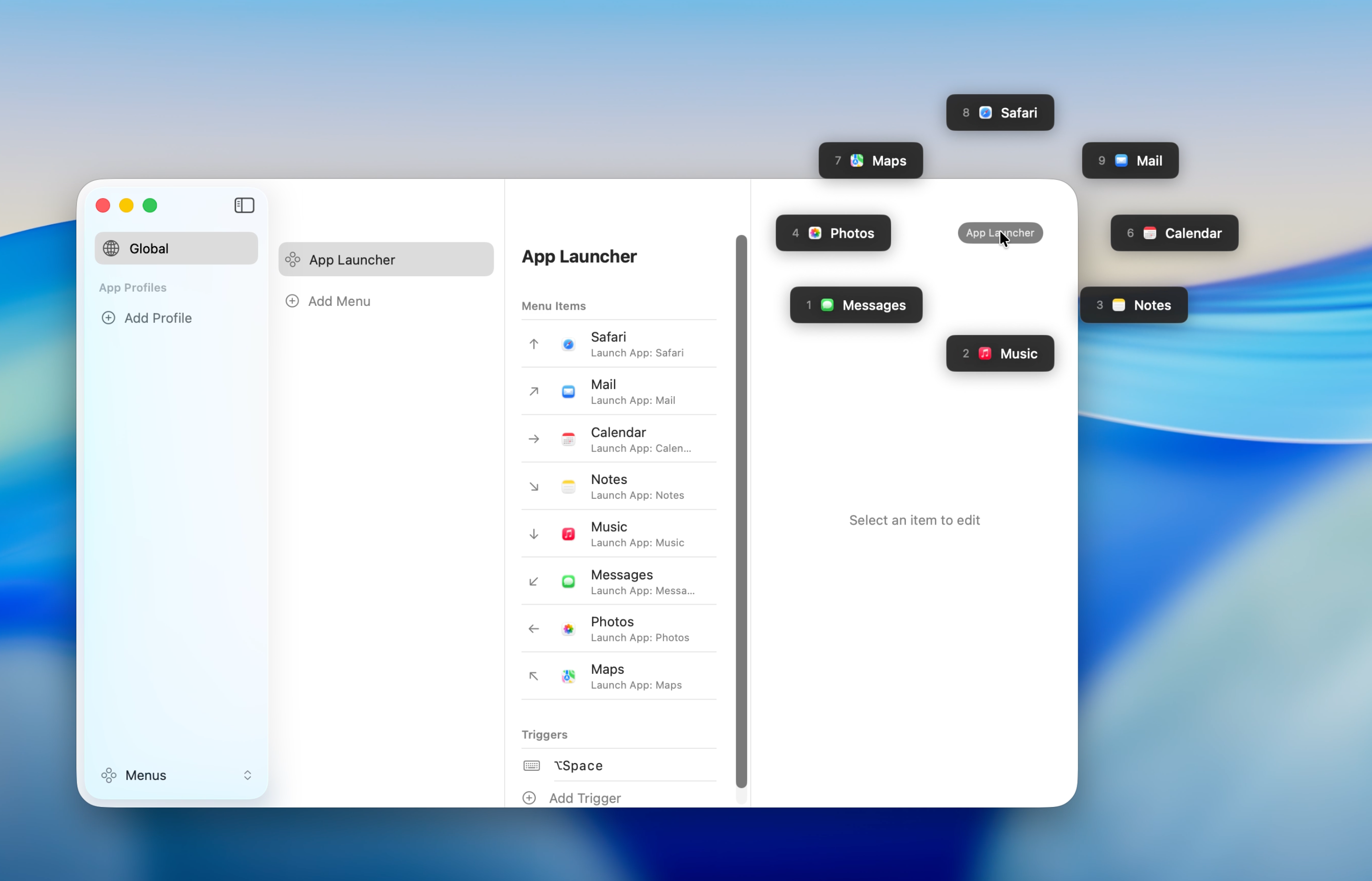 8 apps arranged on a List Menu