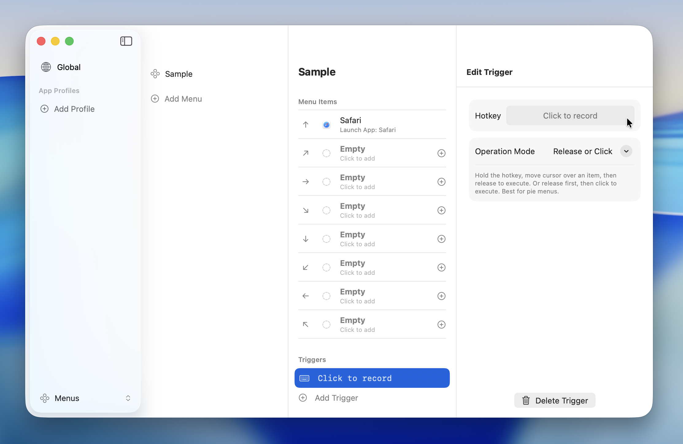 Hotkey recording screen