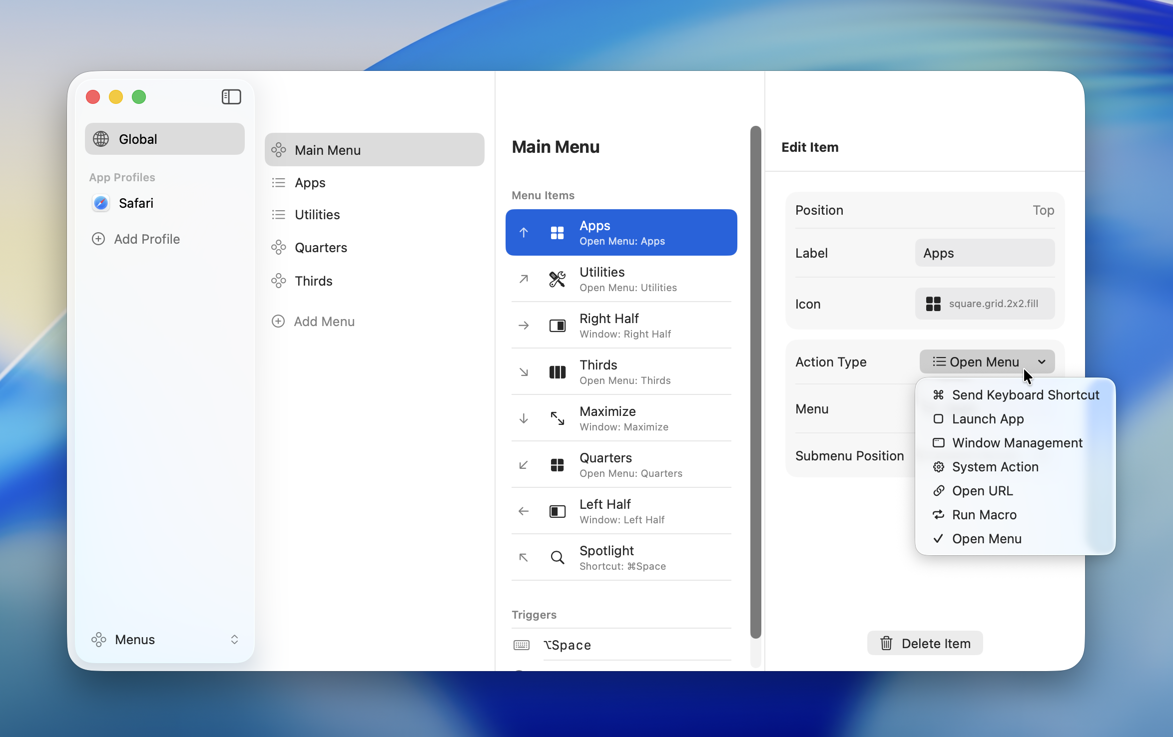 Action type settings screen