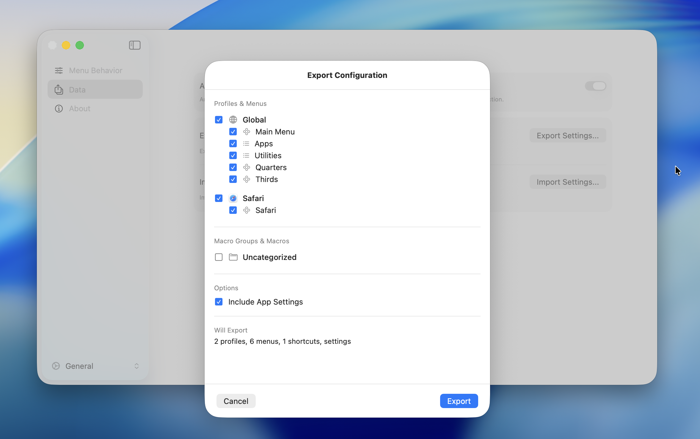 Export Configuration dialog