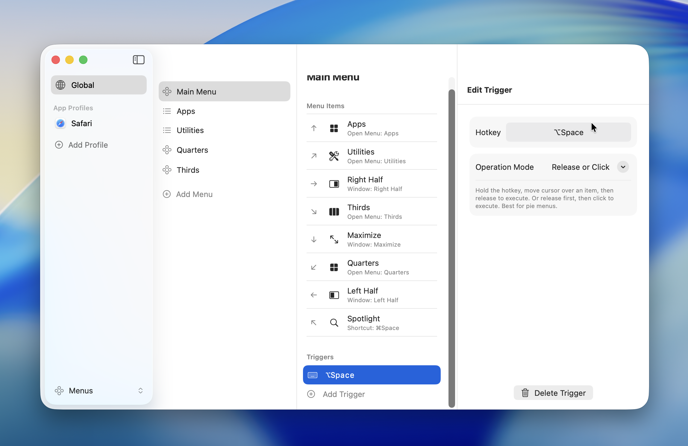 Hotkey settings screen