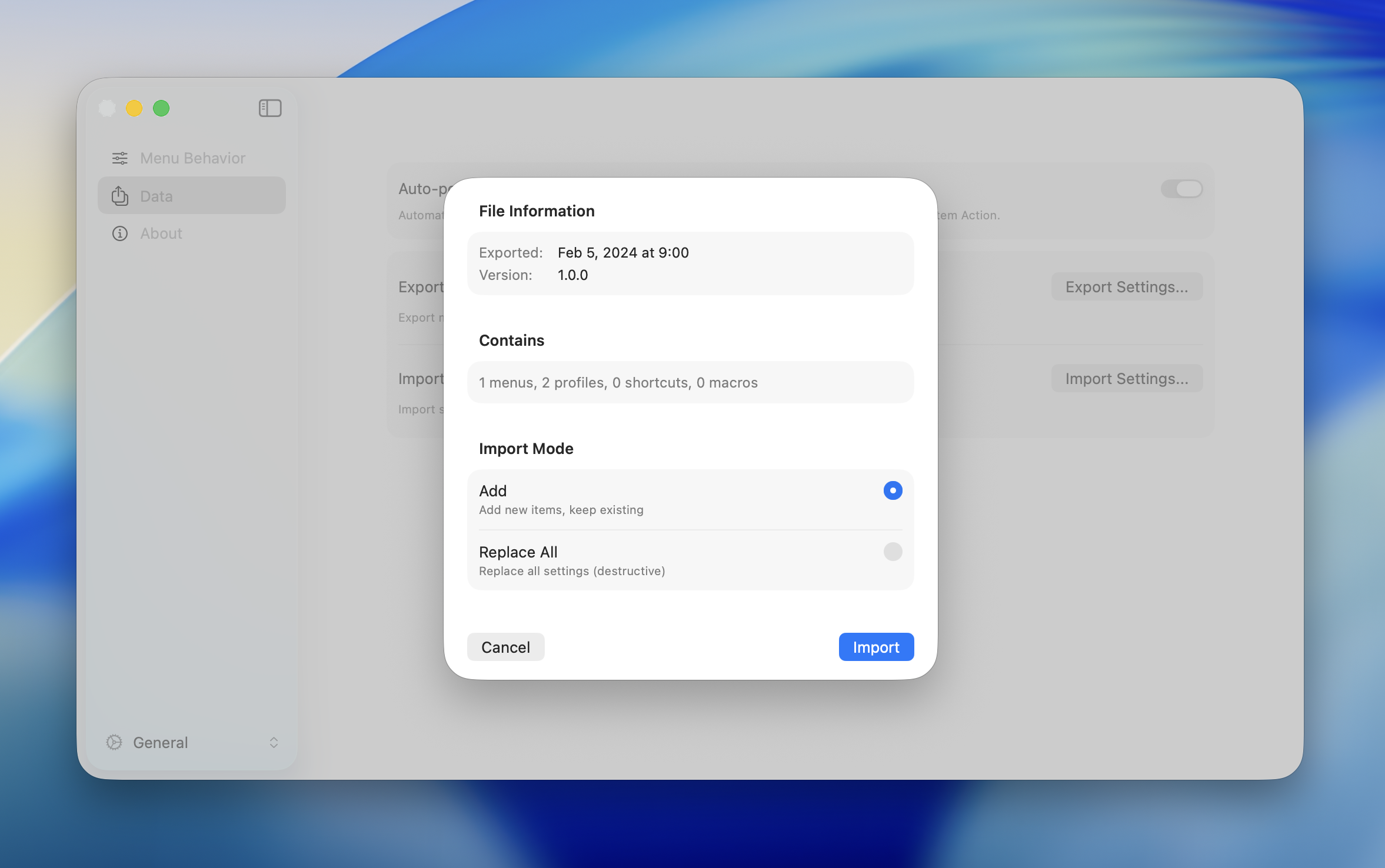 Import Settings dialog