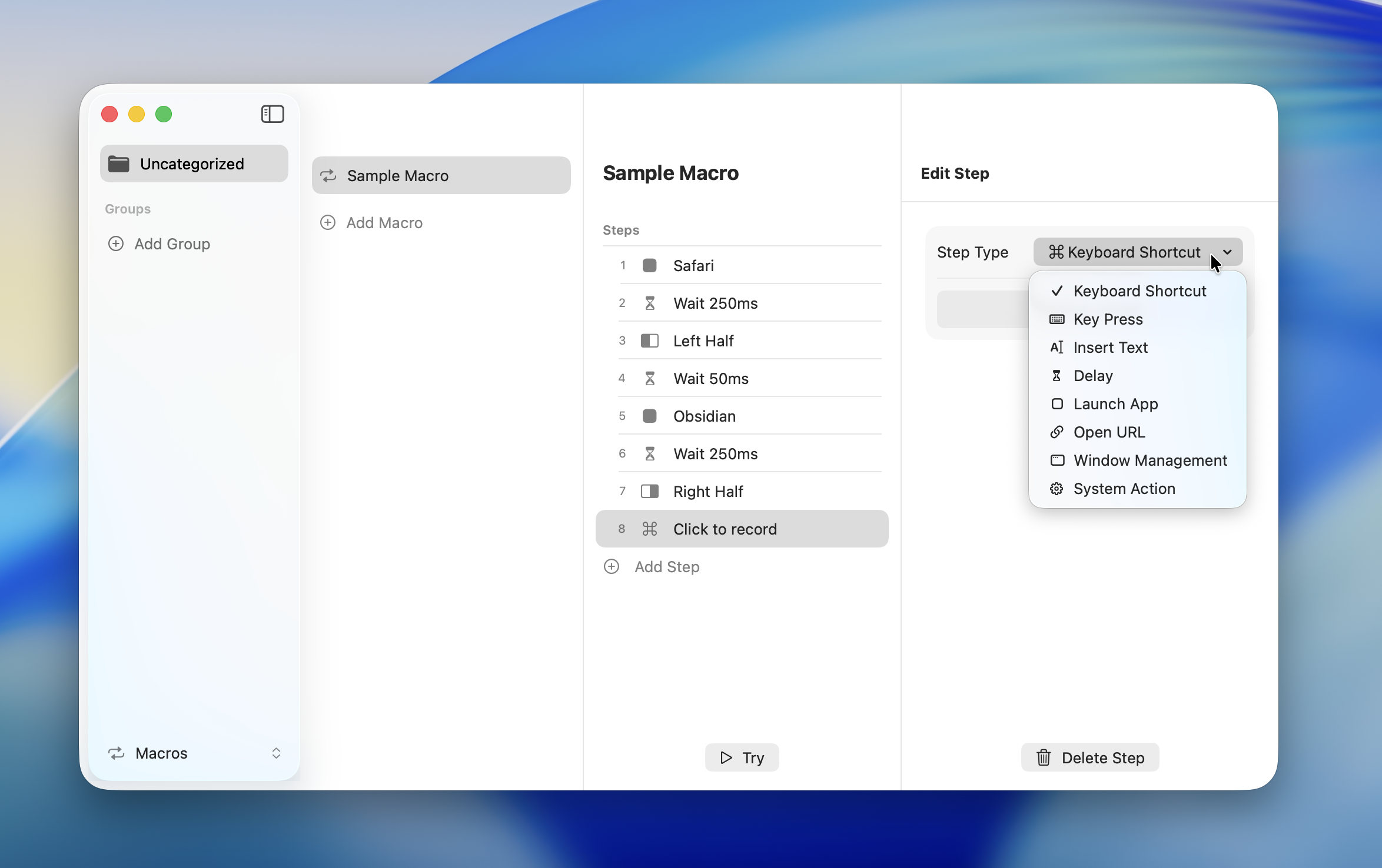 Step type settings screen