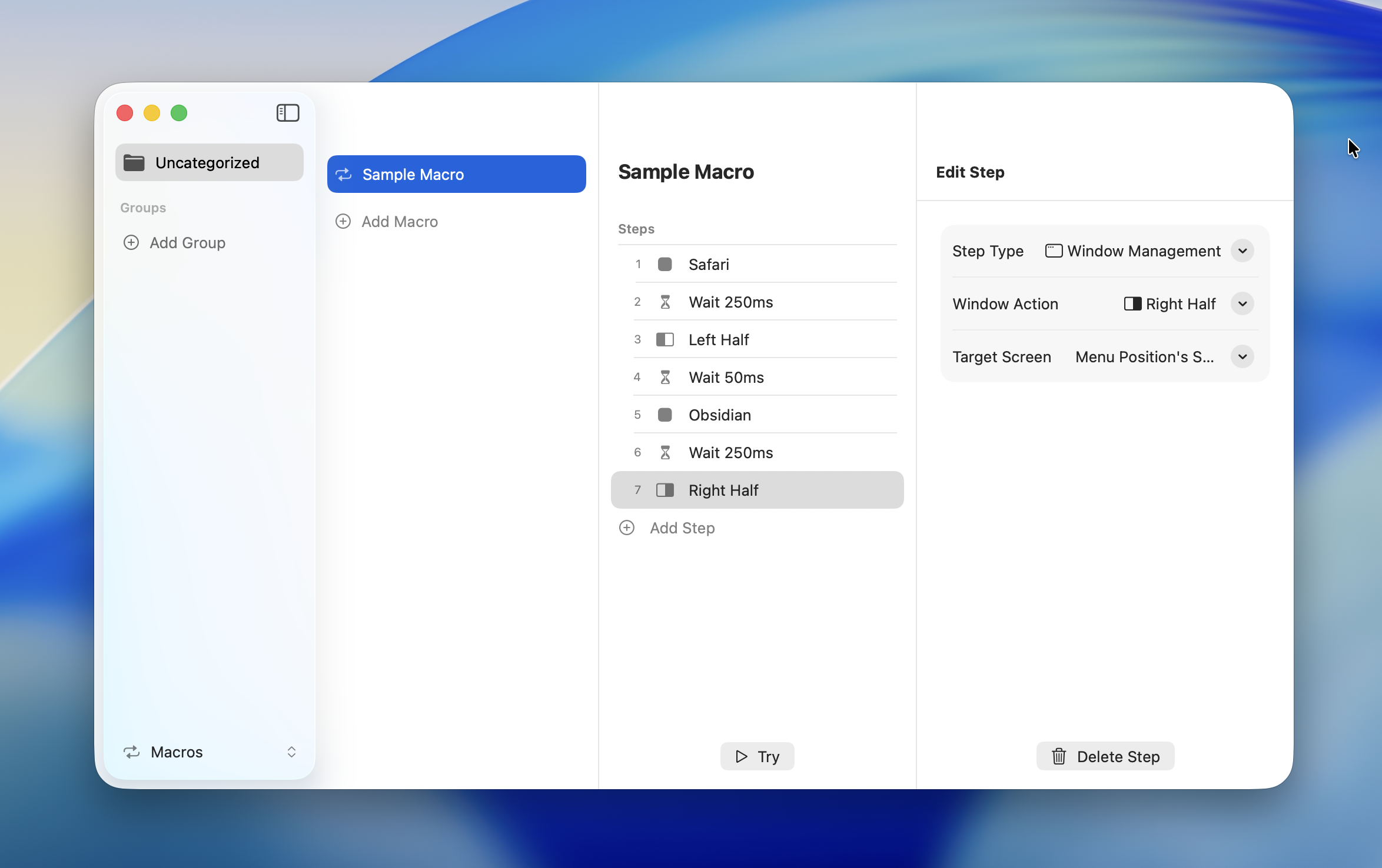 Macros settings screen overview