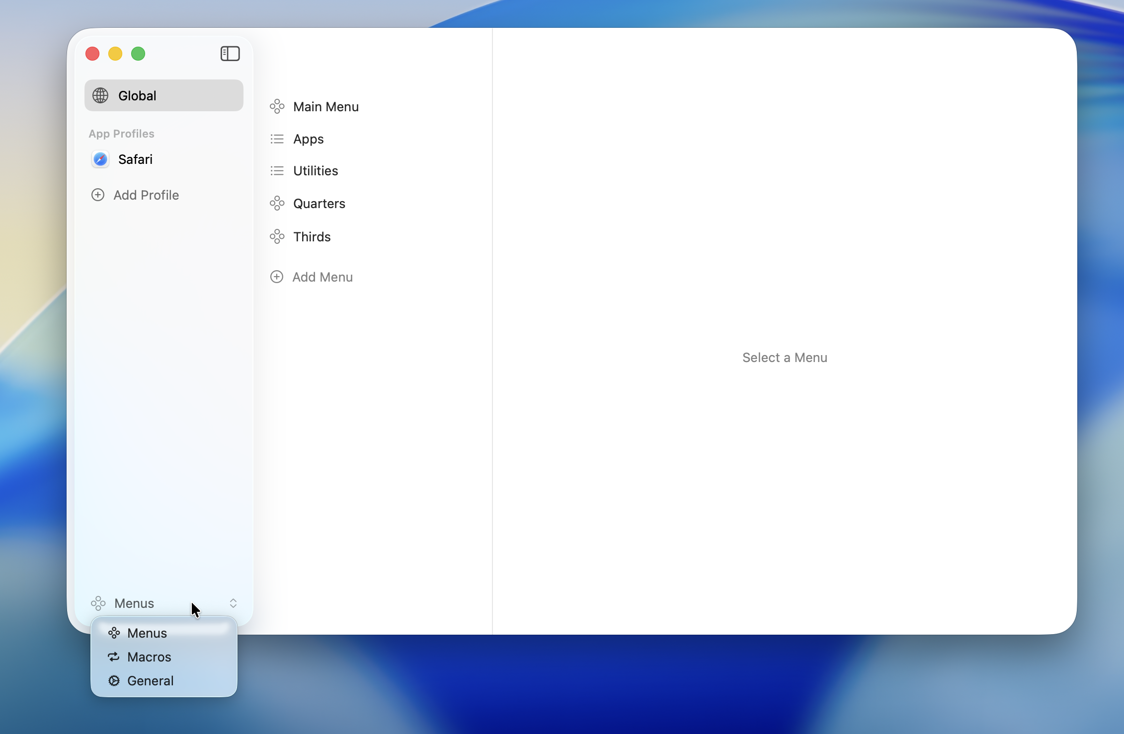 Menus settings screen overview